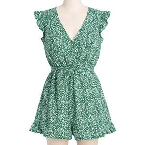 Cupshe Womens S Green White Floral V Neck Ruffle Romper Shorts NWT Summer NOBELT